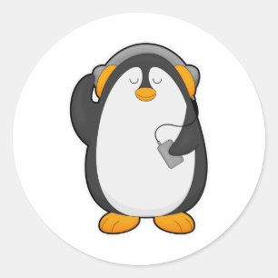 Penguin & Mobile phone with Headset Classic Round Sticker