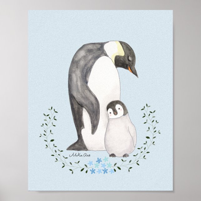 Penguin mom/dad with baby Cute Penguin Nursery Art Poster (Front)