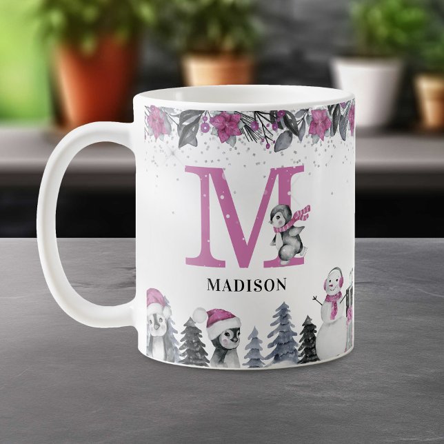 Penguin Monogram Name Christmas Coffee Mug (Creator Uploaded)