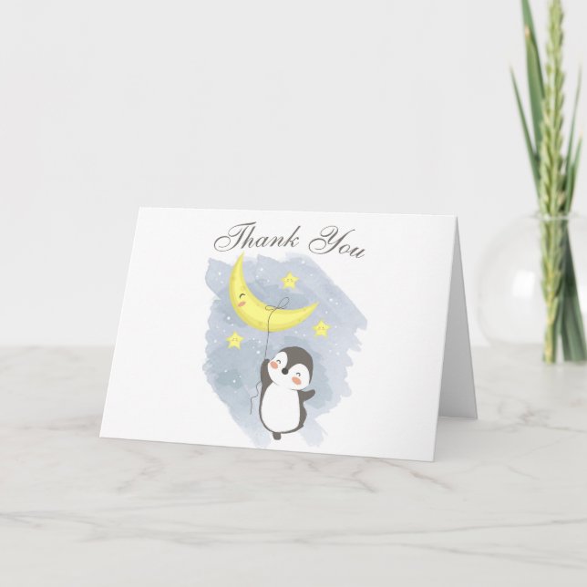 Penguin Moon Baby Shower Watercolor Thank You Card (Front)