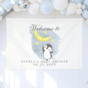 Penguin Moon Cute Watercolor Baby Shower Welcome Banner