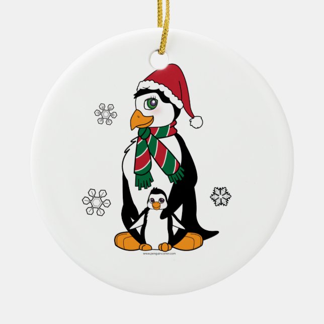 Penguin Mother and Chick Ceramic Tree Decoration (Front)