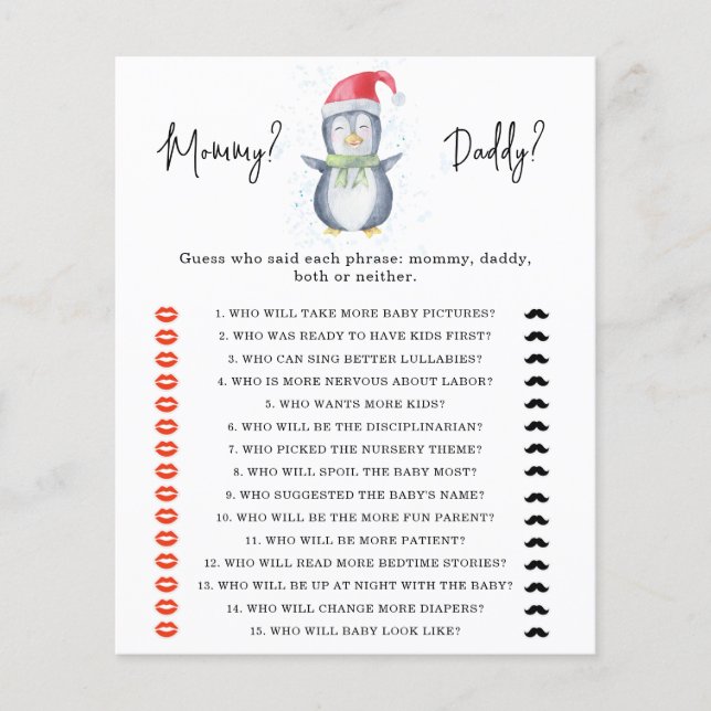 Penguin - mummy or daddy baby shower game (Front)
