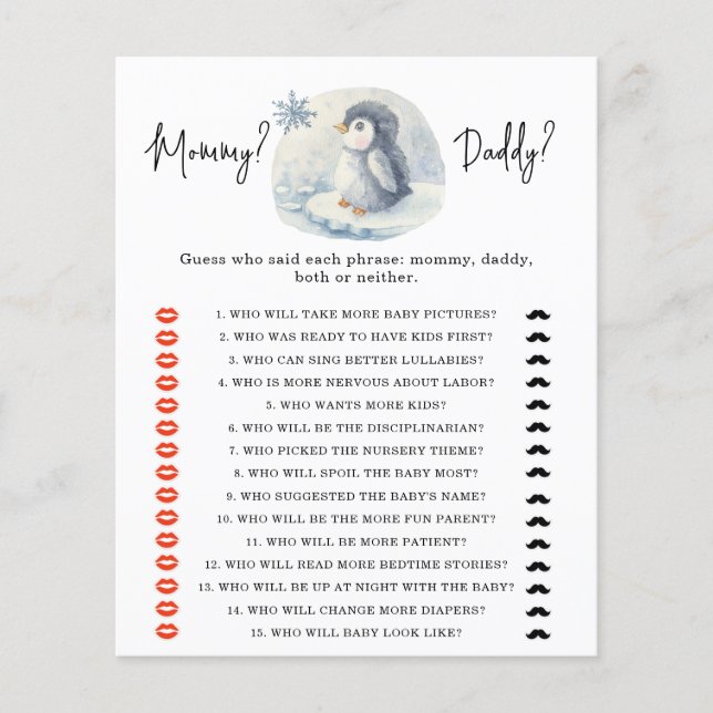 Penguin - mummy or daddy baby shower game (Front)