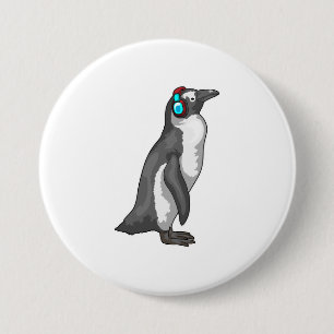 Penguin Music Headphone 7.5 Cm Round Badge