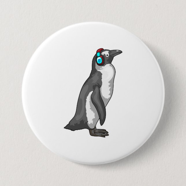 Penguin Music Headphone 7.5 Cm Round Badge (Front)