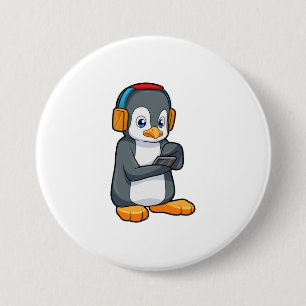Penguin Music Headphone 7.5 Cm Round Badge