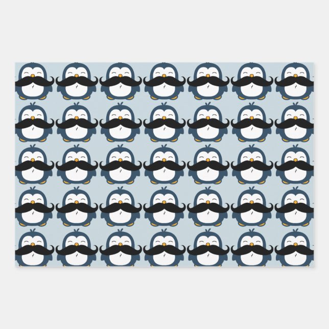 Penguin Mustache Trend Pattern | Blue Wrapping Paper Sheet (Front)