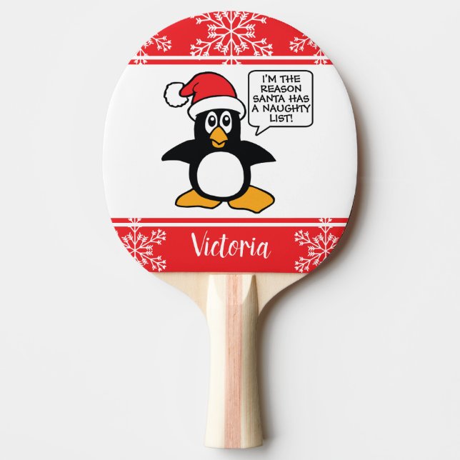 Penguin Naughty List Personalised Christmas Ping Pong Paddle (Front)