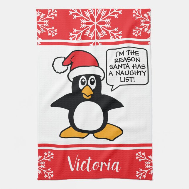 Penguin Naughty List Personalised Christmas Tea Towel (Vertical)