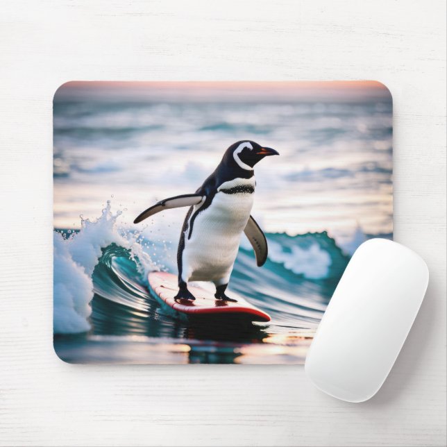 Penguin On a Surfboard Mouse Mat (With Mouse)
