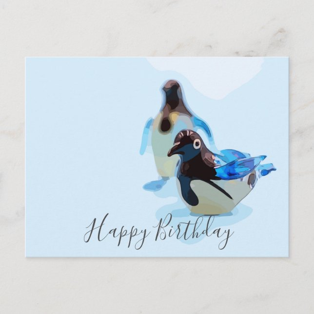 Penguin on blue background water colour birthday postcard (Front)