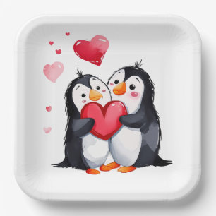 Penguin Pair With Red Hearts Paper Plate