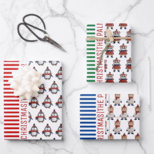 Penguin, panda, bear and stripes Merry Christmas Wrapping Paper Sheet