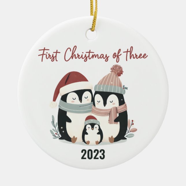 Penguin Paradise: First Christmas of Three Penguin Ceramic Tree Decoration (Front)