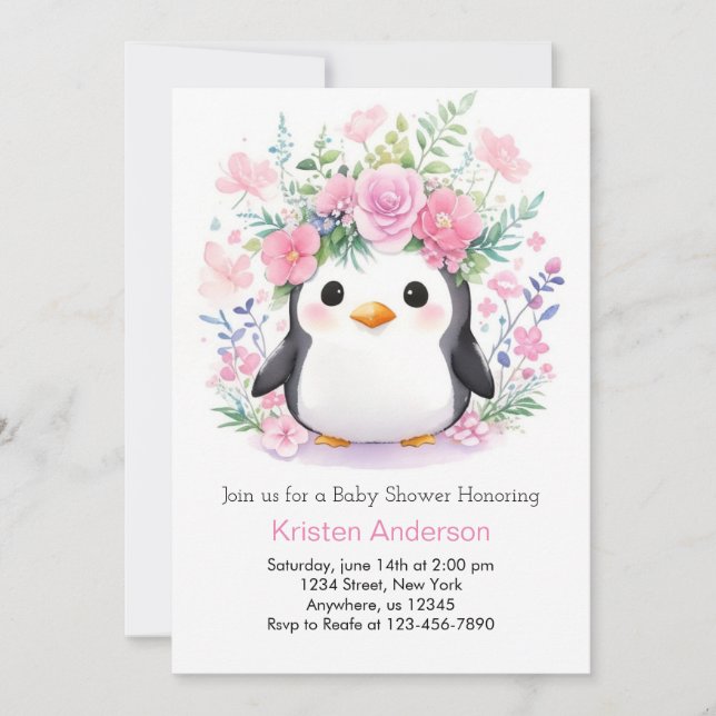 Penguin Paradise: Girl Baby Shower Invitation (Front)