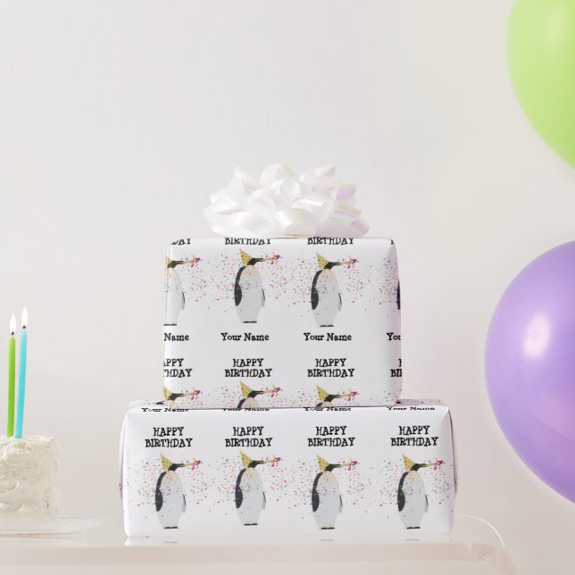 Penguin Partying - Animals at Birthday Party Name Wrapping Paper (Party Gifts)