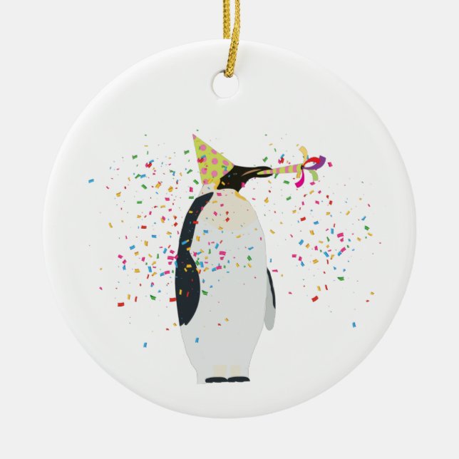 Penguin Partying - Animals Having a Party Ceramic Tree Decoration (Front)