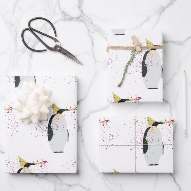 Penguin Partying - Animals Having a Party Wrapping Paper Sheet (Front)