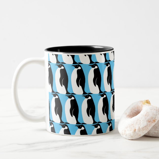 Penguin Pattern Aqua Black White Two-Tone Coffee Mug (With Donut)