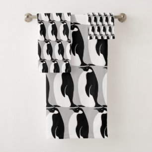 Penguin Pattern Grey Black White Bath Towel Set