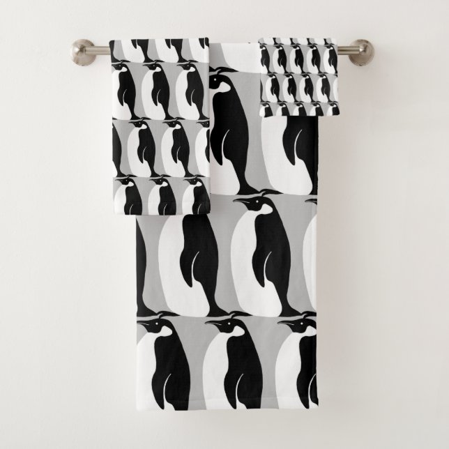 Penguin Pattern Grey Black White Bath Towel Set (Insitu)