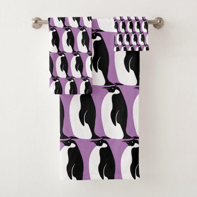 Penguin Pattern Purple Black White Bath Towel Set (Insitu)
