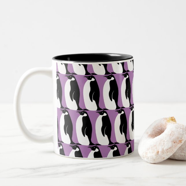 Penguin Pattern Purple Black White Two-Tone Coffee Mug (With Donut)