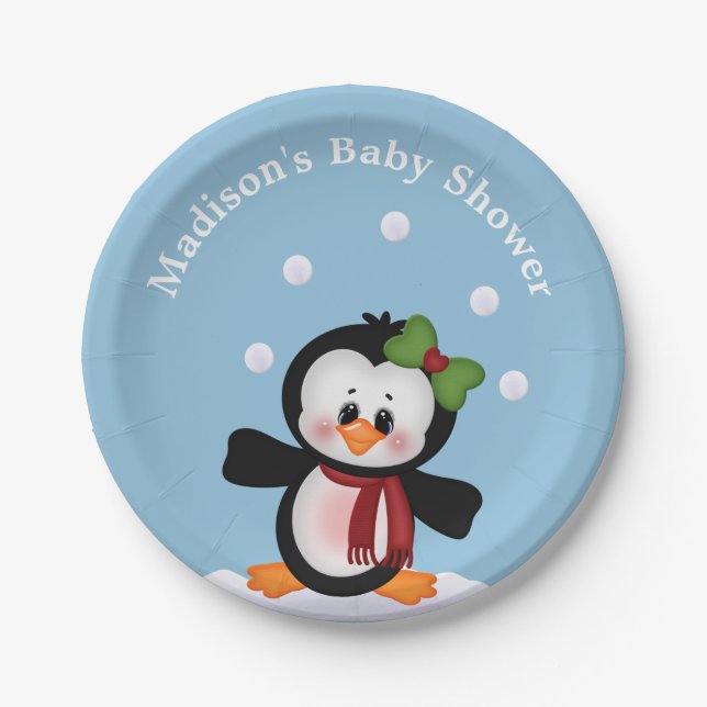 Penguin  Personalised Baby Shower Celebration Paper Plate (Front)