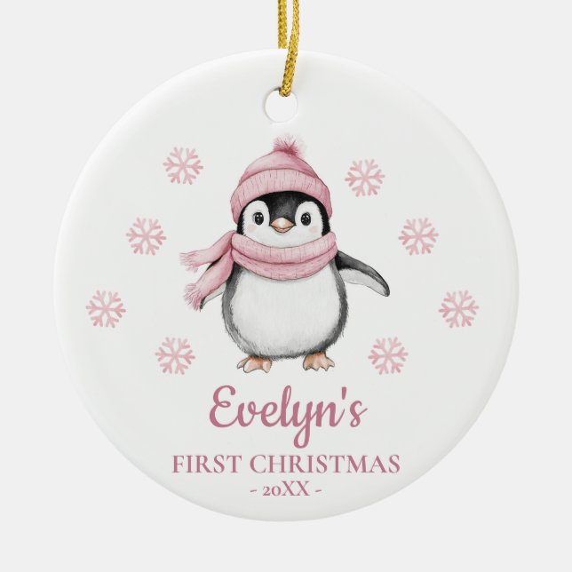 Penguin Personalized Girl's First Christmas Ceramic Tree Decoration (Front)