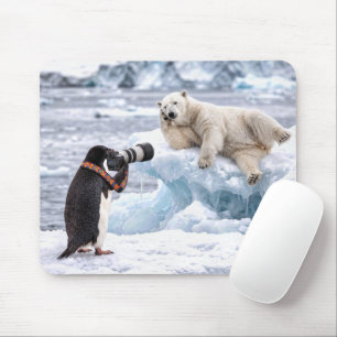 Penguin Photographing a Posing Polar Bear Mouse Mat