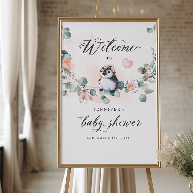 Penguin Pink Girl Baby Shower Welcome Sign (Creator Uploaded)