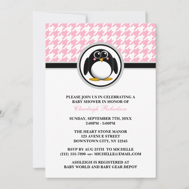 Penguin Pink Houndstooth Baby Shower Invitations (Front)