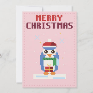 Penguin Pink Pixel Art Christmas Card