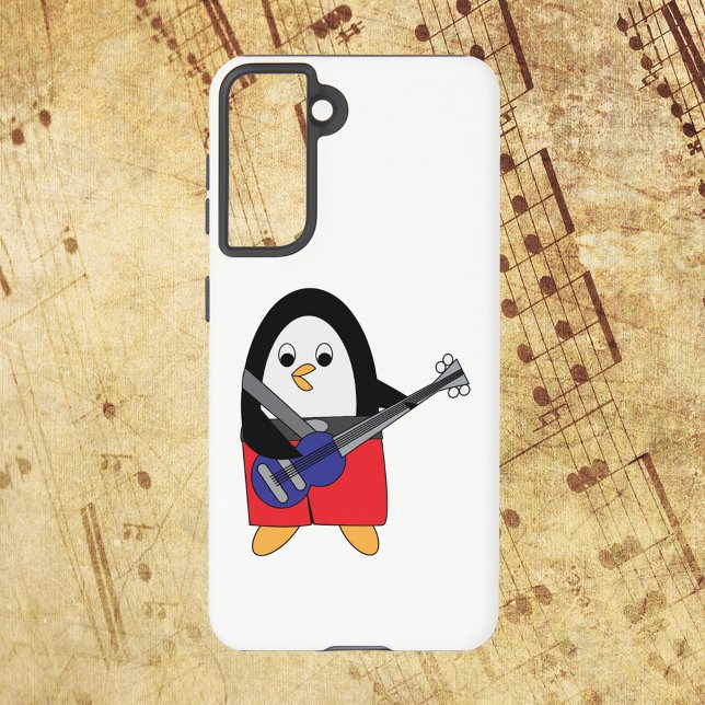 Penguin Playing Bass Guitar Cute Samsung Galaxy S21 Case (A cute phone case with a penguin playing the bass guitar.)