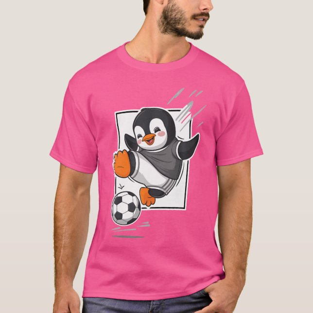 Penguin Playing Soccer Kicking Football Cute Carto T-Shirt (Front)