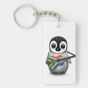 Penguin Playing South African Flag Guitar Key Ring