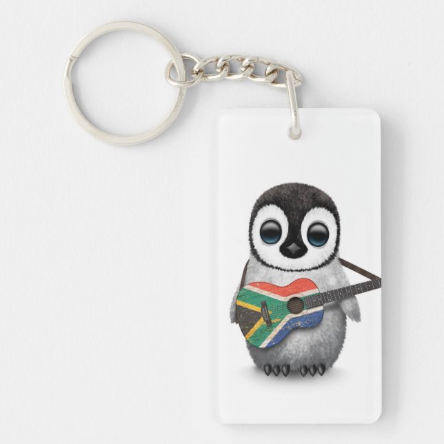 Penguin Playing South African Flag Guitar Key Ring (Front)