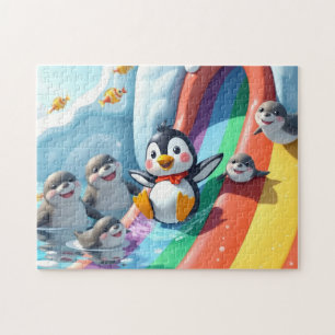 Penguin plays on a slide jigsaw puzzle