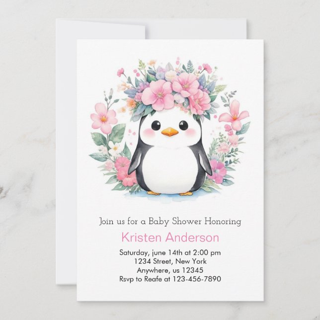 Penguin Playtime Fiesta: Girl Baby Shower Invitation (Front)