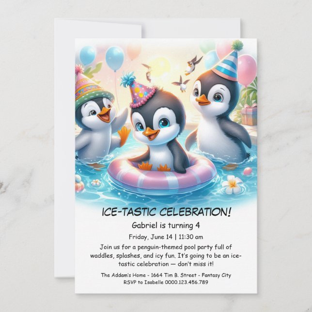 Penguin Pool Party Birthday Invitation  (Front)