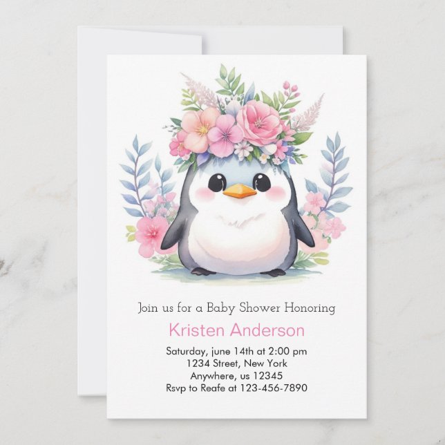Penguin Princess Celebration: Girl Baby Shower Invitation (Front)