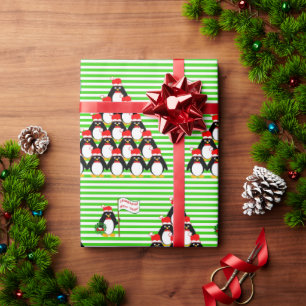 Penguin Pyramid Green Stripe Christmas Wrapping Paper