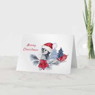 Penguin Red Poinsettia Sleigh Watercolor Christmas Holiday Card