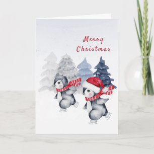 Penguin Red Skating Trees Watercolor Christmas Holiday Card