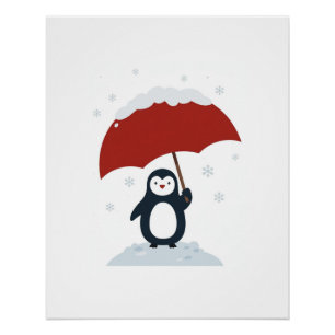 Penguin Red Umbrella Snow Poster