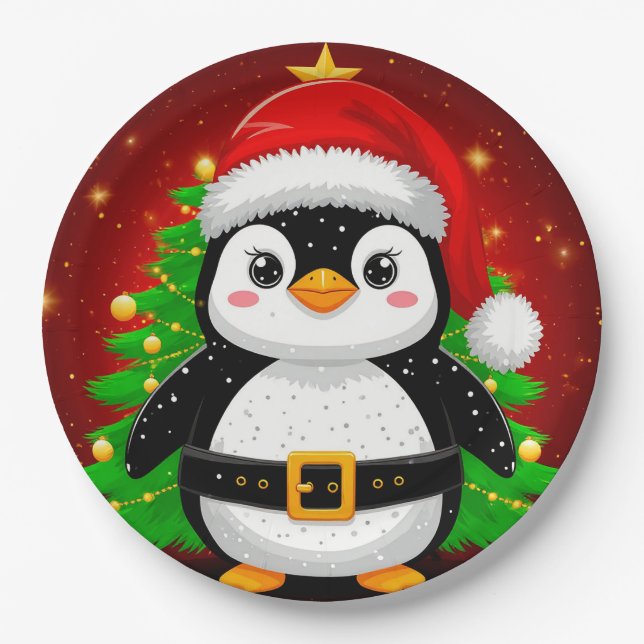 🐧 Penguin Santa Christmas Tree Holiday Fun ✨ Paper Plate (Front)