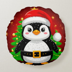 🐧 Penguin Santa Christmas Tree Holiday Fun ✨ Round Cushion