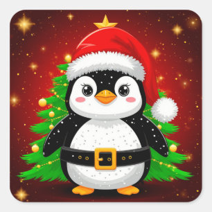🐧 Penguin Santa Christmas Tree Holiday Fun ✨ Square Sticker
