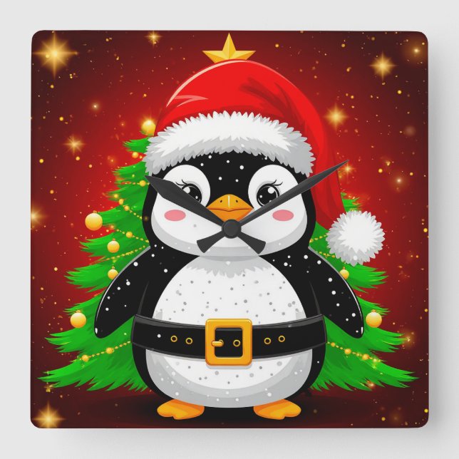 🐧 Penguin Santa Christmas Tree Holiday Fun ✨ Square Wall Clock (Front)